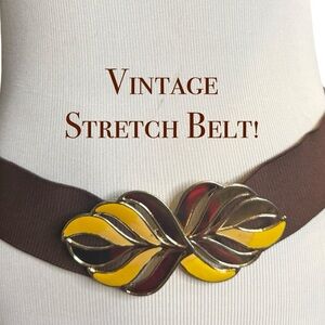 1980's Stretch Belt Brown Gold with Enamel Leaf Flame Buckle Adjustable Size